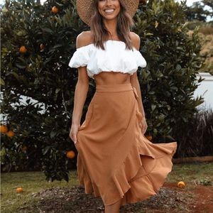 NEW Petal & Pup "Tiffy" Wrap Skirt Ruffle Hem High Low Tie Waist Tan Size 6